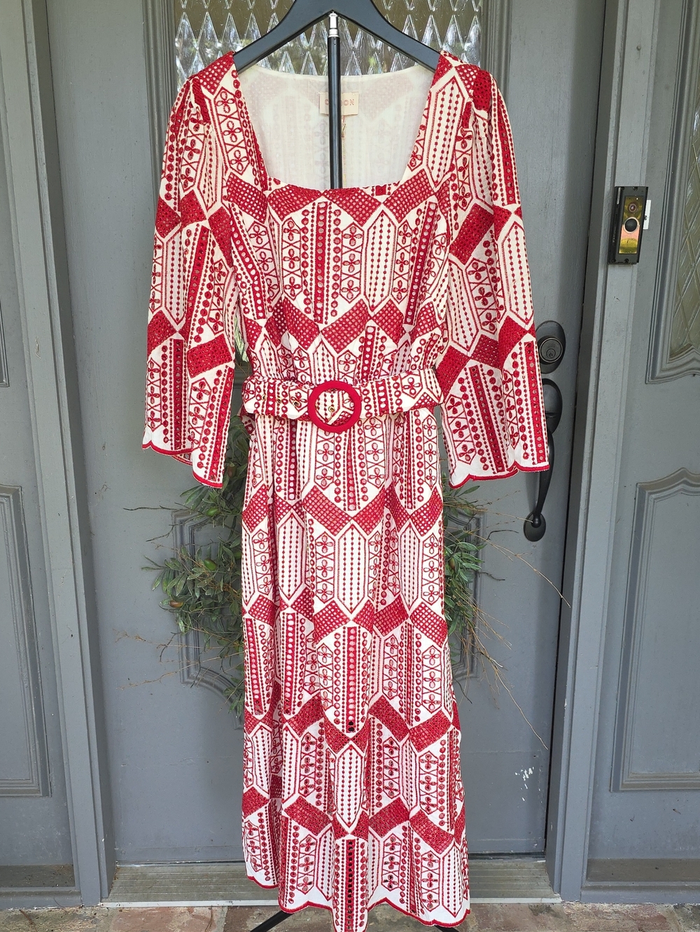 NWT CIEBON Ninita Bella Red White Eyelet Embriodered Scalloped Hem Dress Size M - Picture 2 of 15